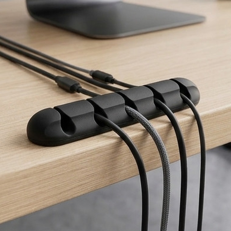 Organizador de cables ERGORA — en uso con portátil